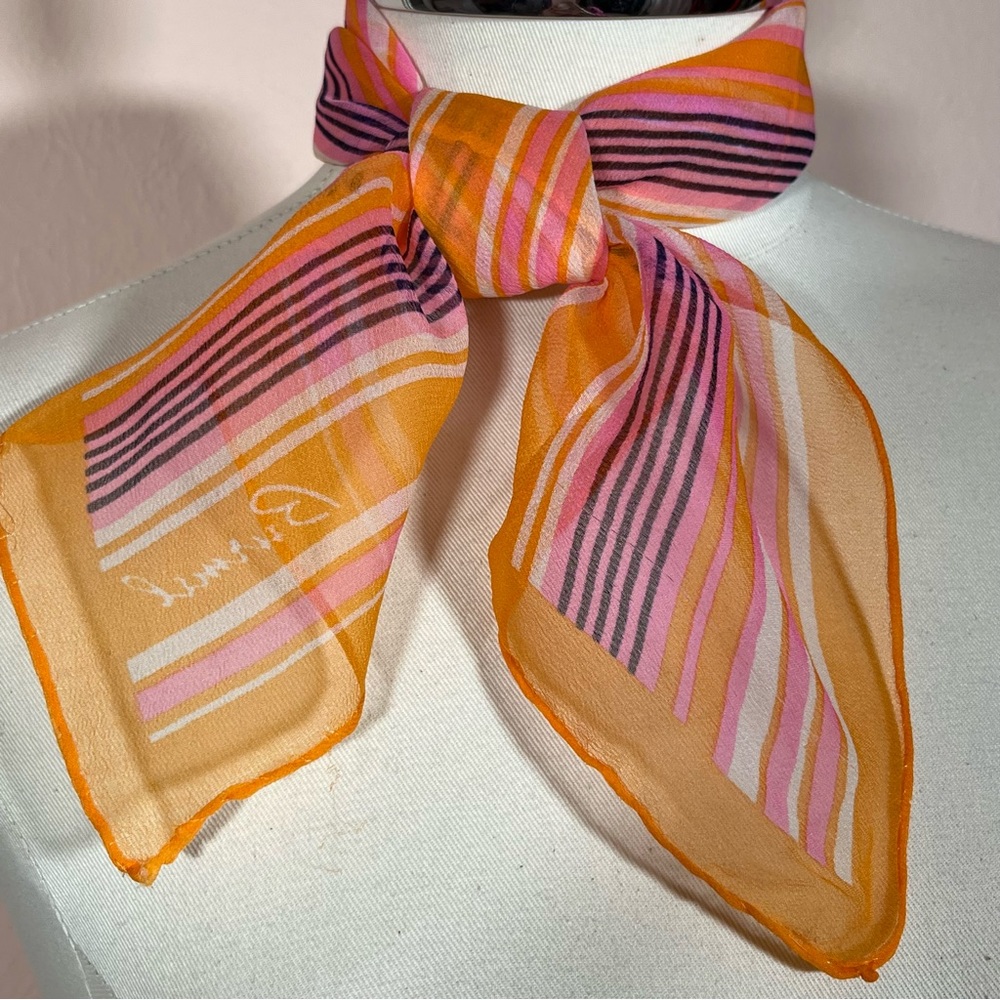 Vintage 1970 Retro Burmel MCM Mod Sheer Stripe Orange Purple Pink Neck Scarf